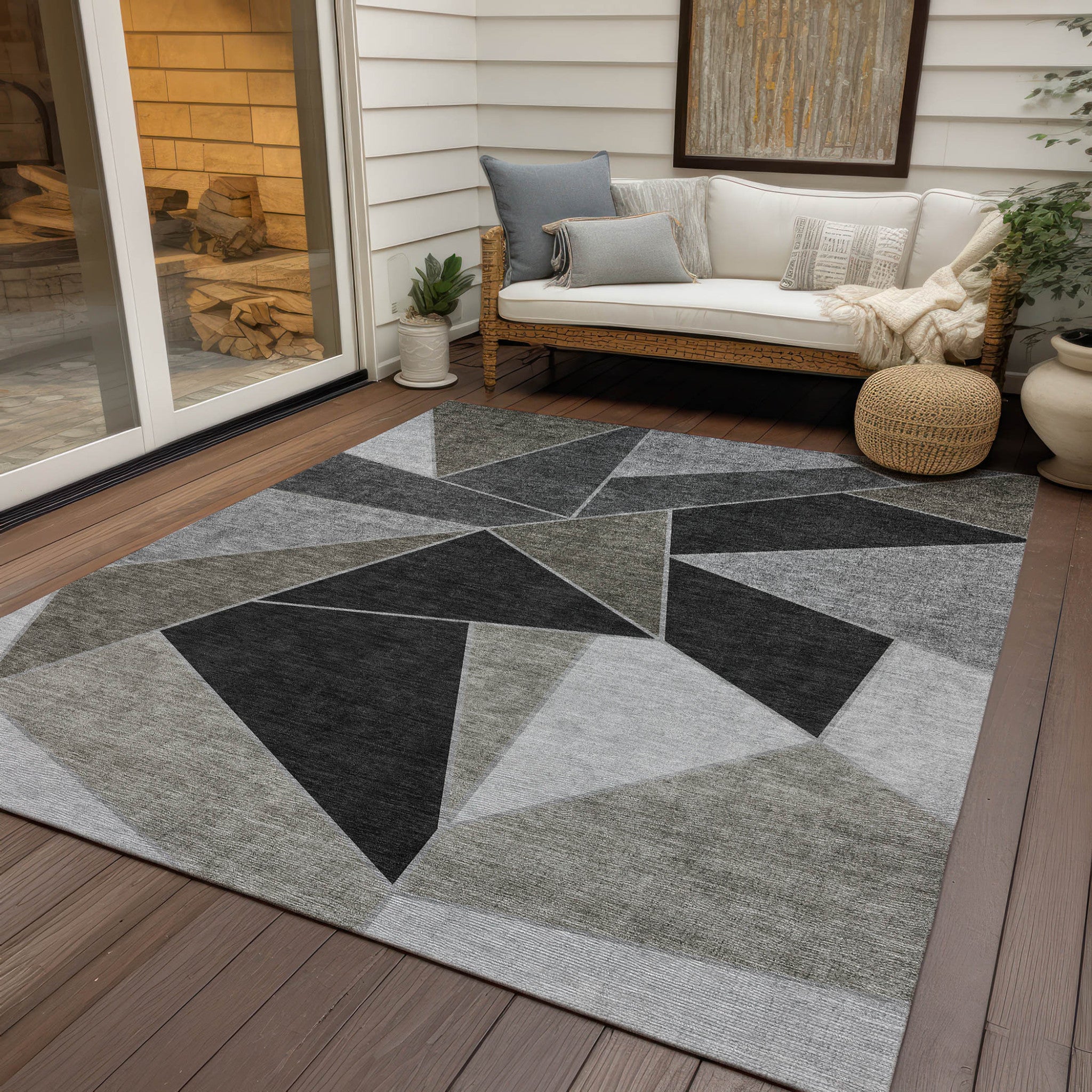 9' X 12' Coffee Charcoal And Gray Geometric Washable Indoor Outdoor Area Rug