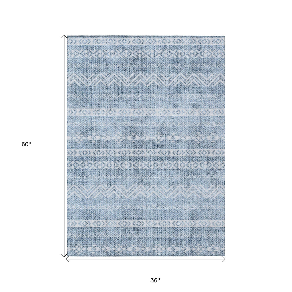 3' X 5' Blue And Denim Blue Southwestern Washable Indoor Outdoor Area Rug