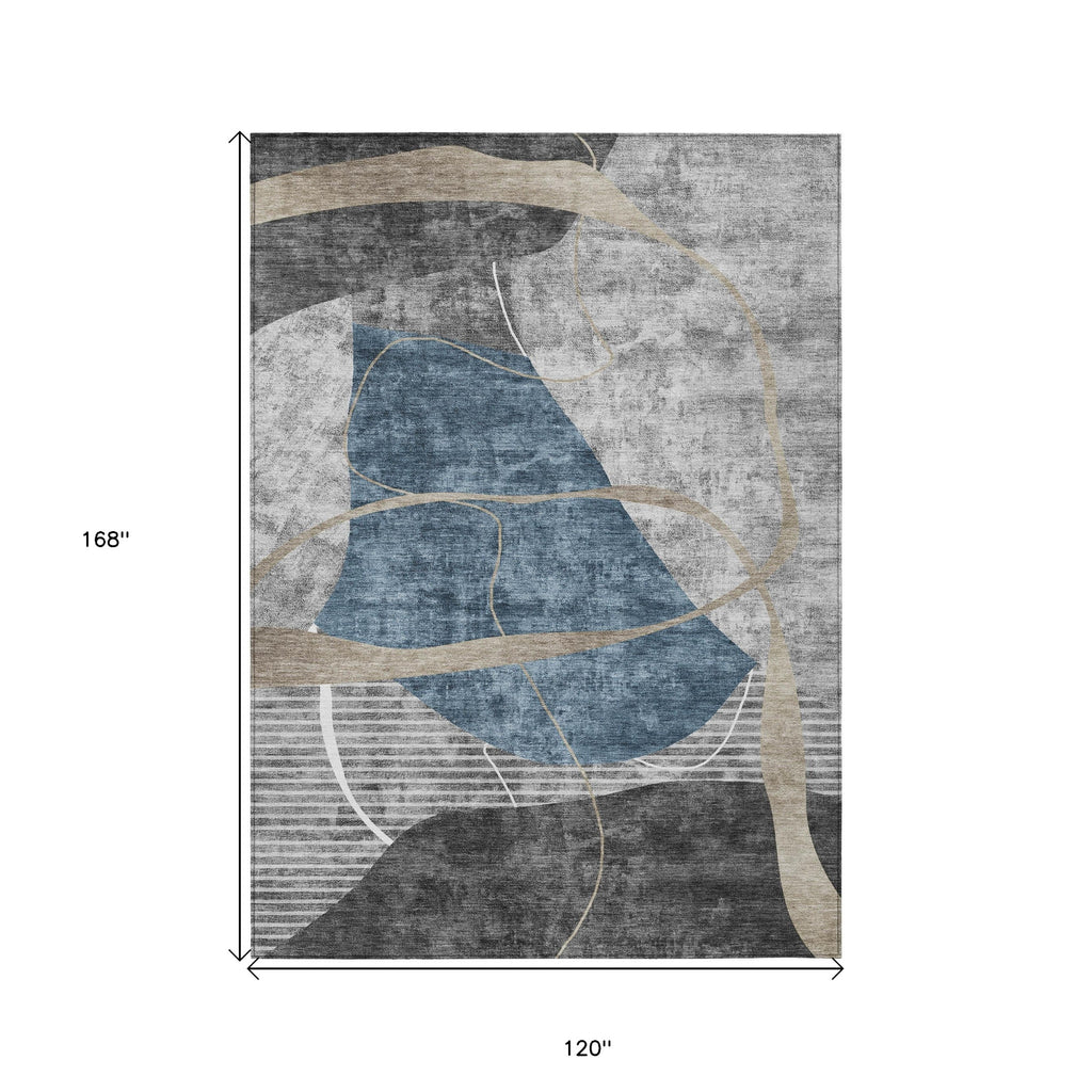 10' X 14' Blue Gray And Charcoal Abstract Washable Indoor Outdoor Area Rug