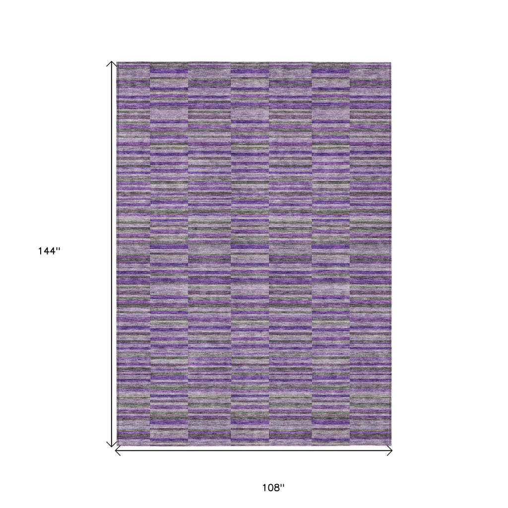 9' X 12' Purple And Lavender Striped Washable Indoor Outdoor Area Rug
