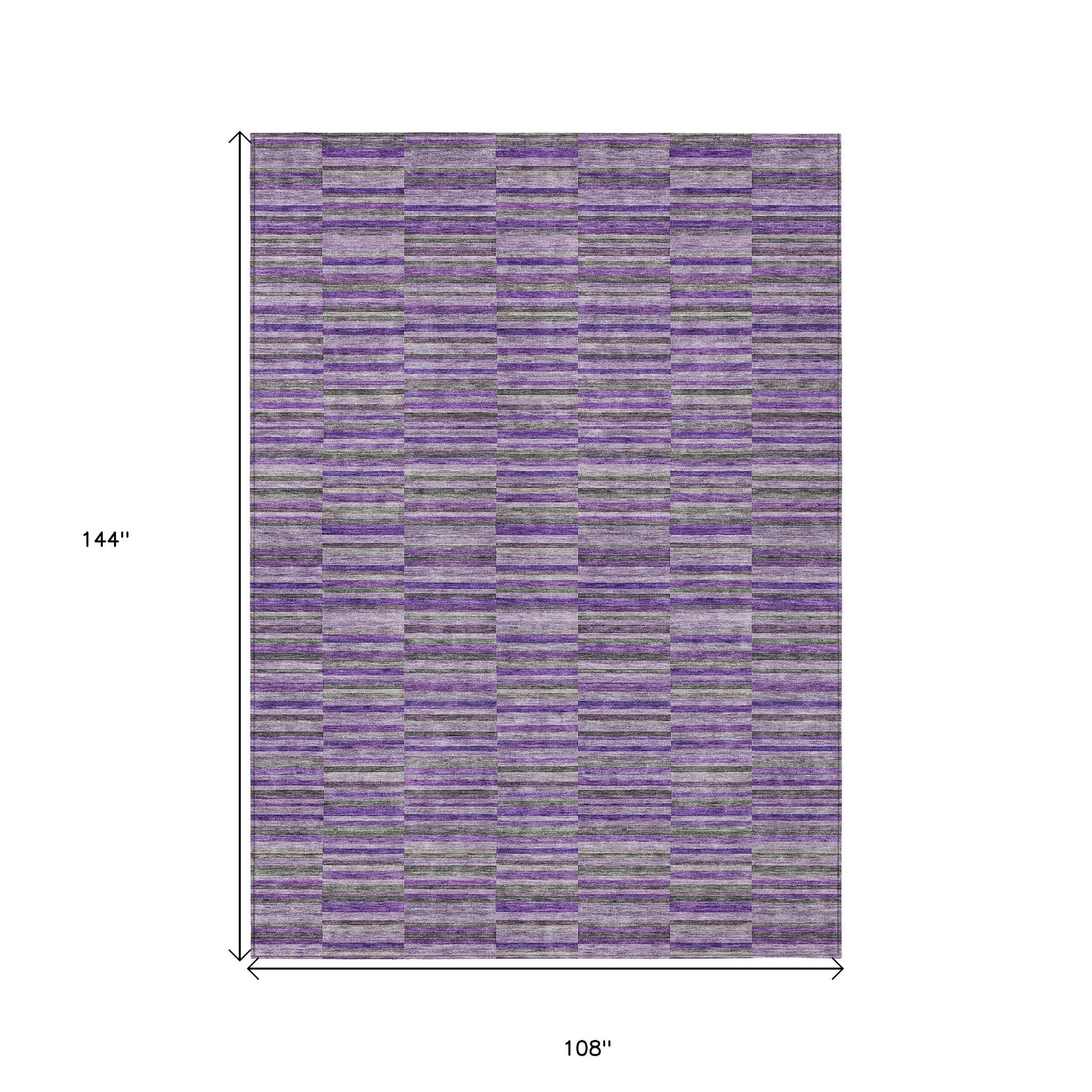 9' X 12' Purple And Lavender Striped Washable Indoor Outdoor Area Rug