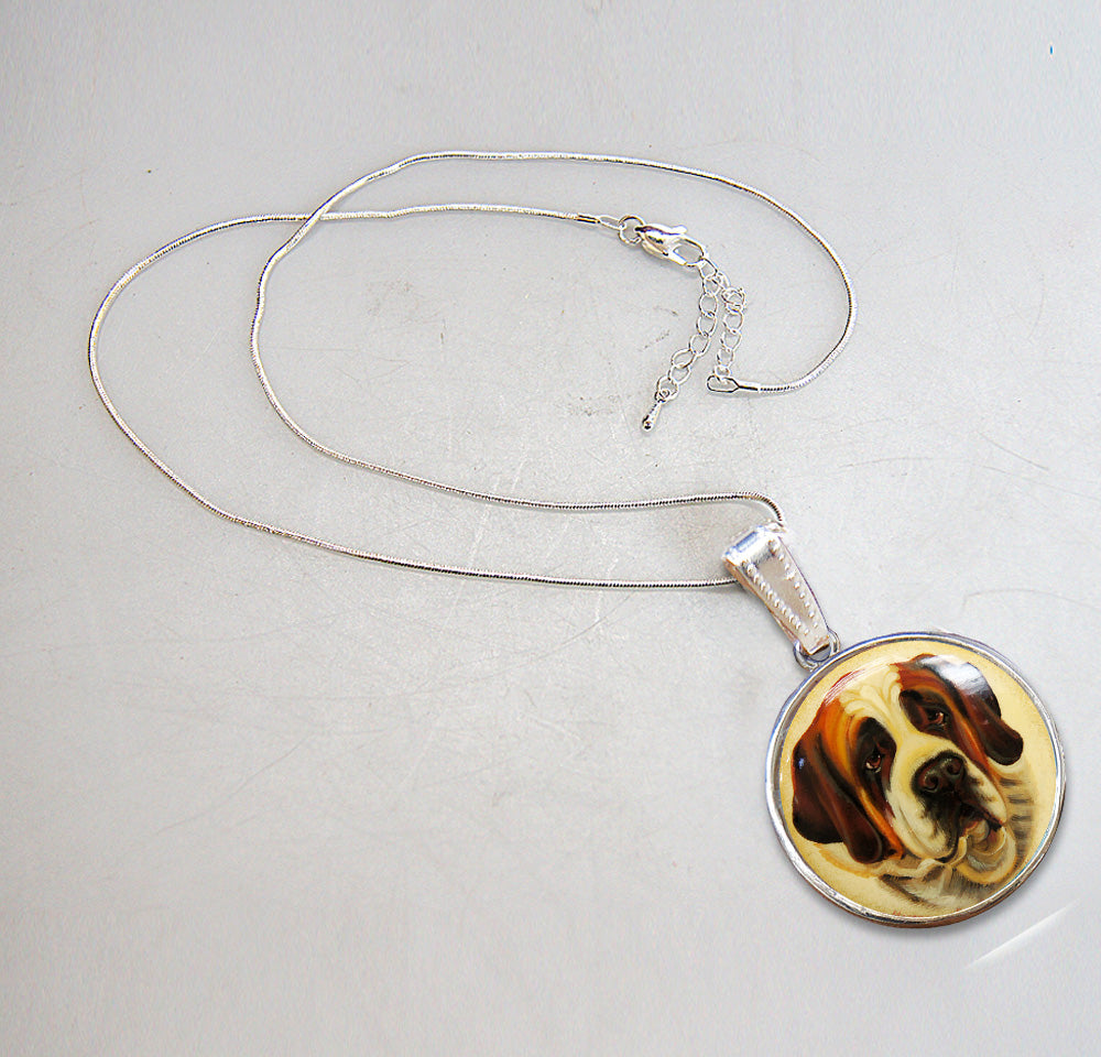 Saint Bernard Dog Silver Plated Mother of Pearl Jewelry Pendant Necklace - 44030D1